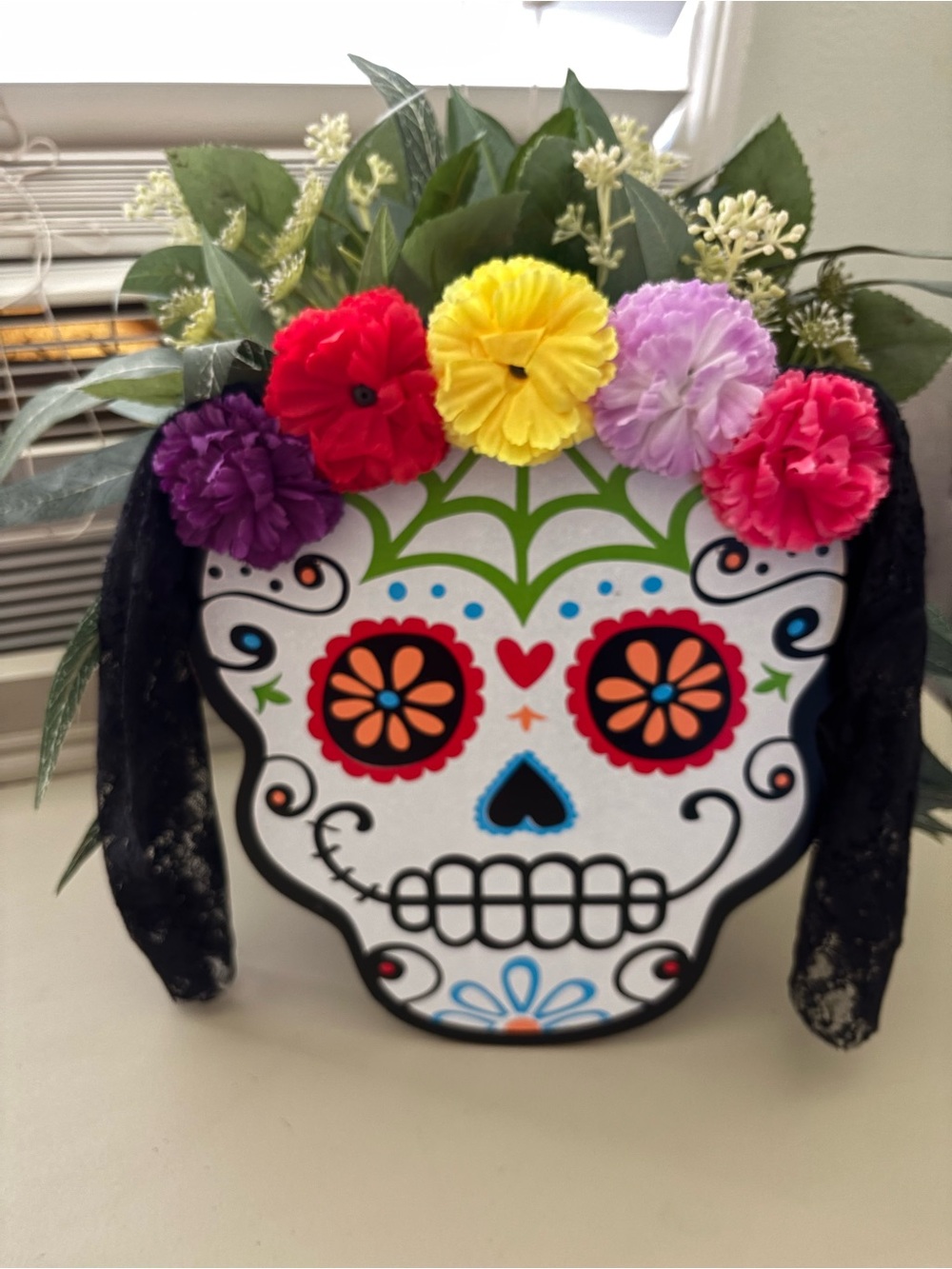 Decorative Sugar Skull Floral Planter - Multicolor